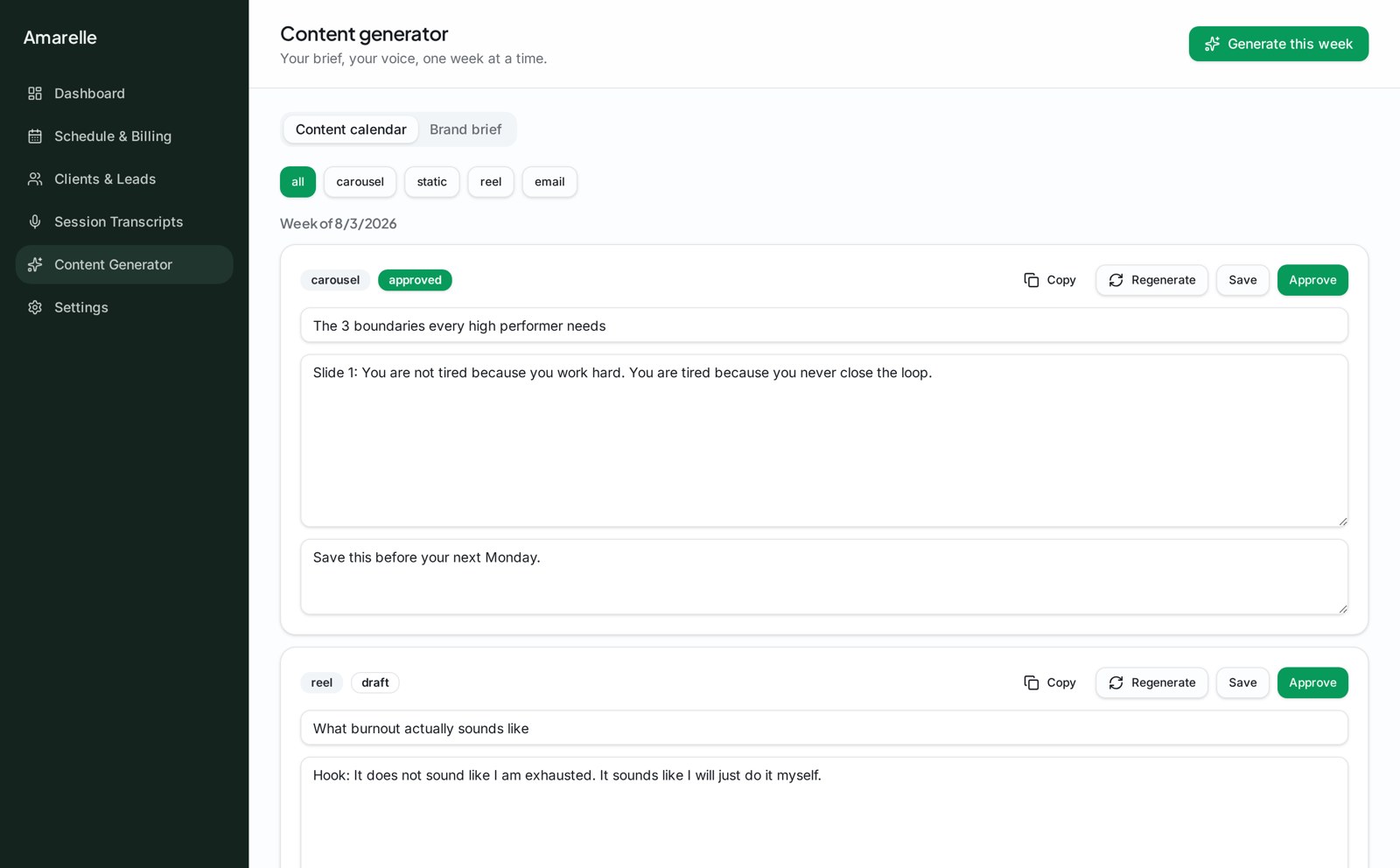 Weekly content plan drafted in the coach's own voice