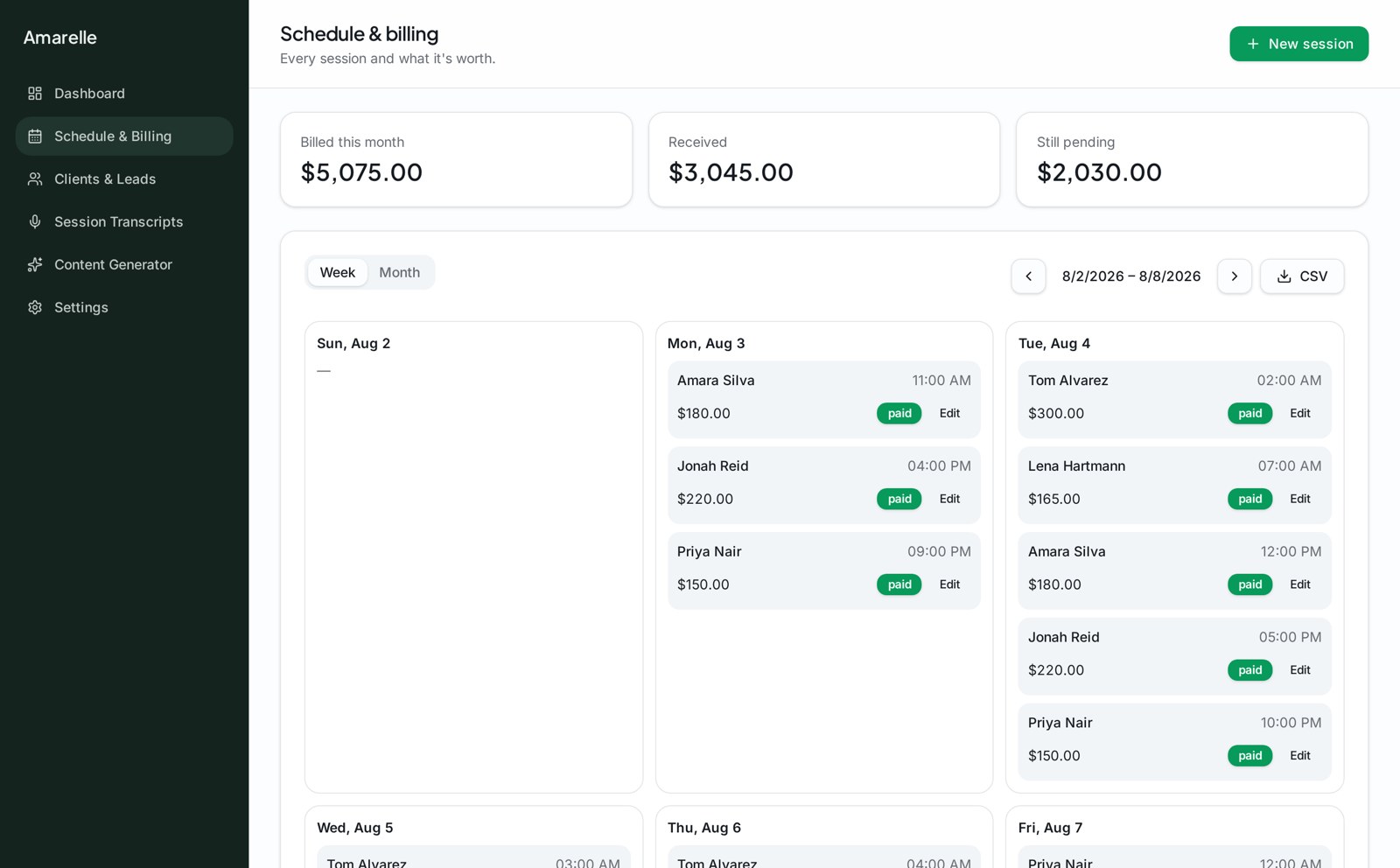 Amarelle dashboard showing the week's sessions and payment status